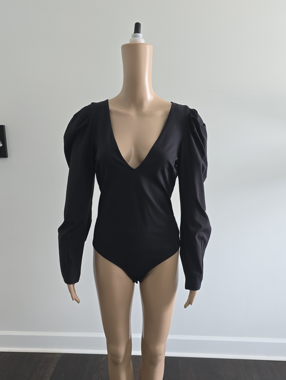 Free People Black V-Neck Puff-Sleeve Bodysuit